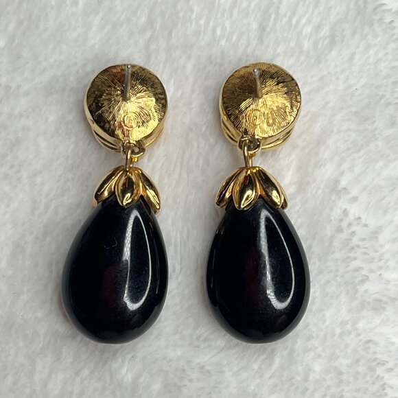 Vintage-Inspired Gold Tone Faux Pearl & Black Drop Earrings With Rhinestone Acce - Picture 4 of 4